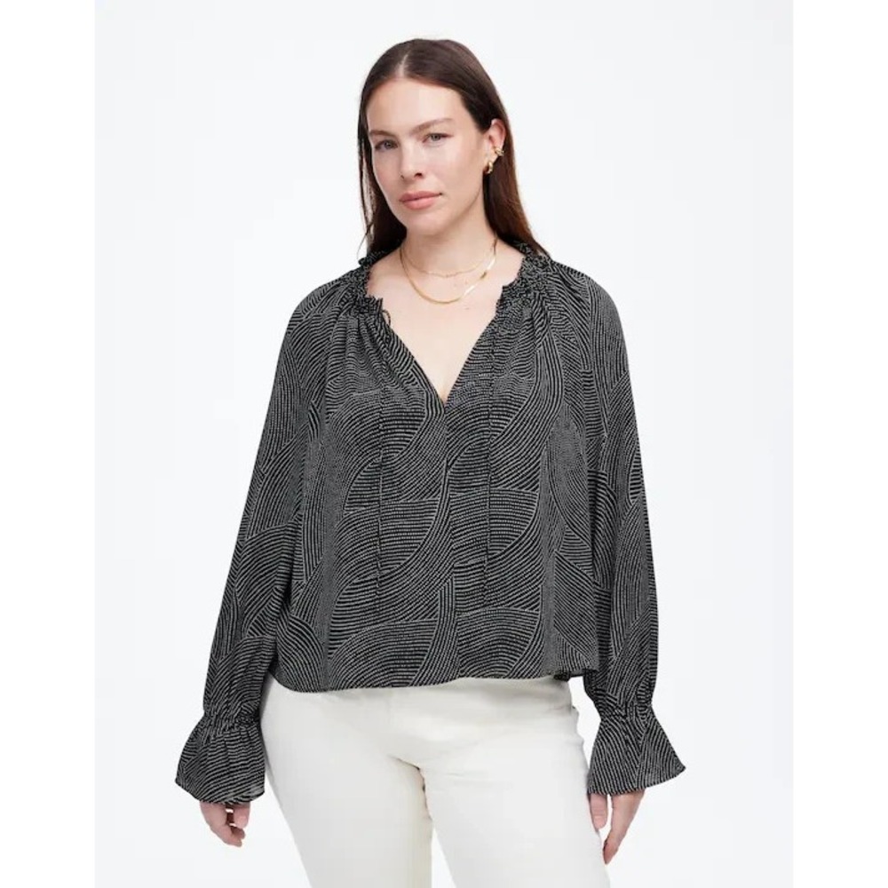 Madewell Long Sleeve Tie Neck Top XS Black White Polka Dot Romantic Boho Ruffle